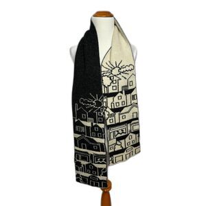 Double Knit Scarf Unisex One Size City town Print reversible Charcoal Gray Cream